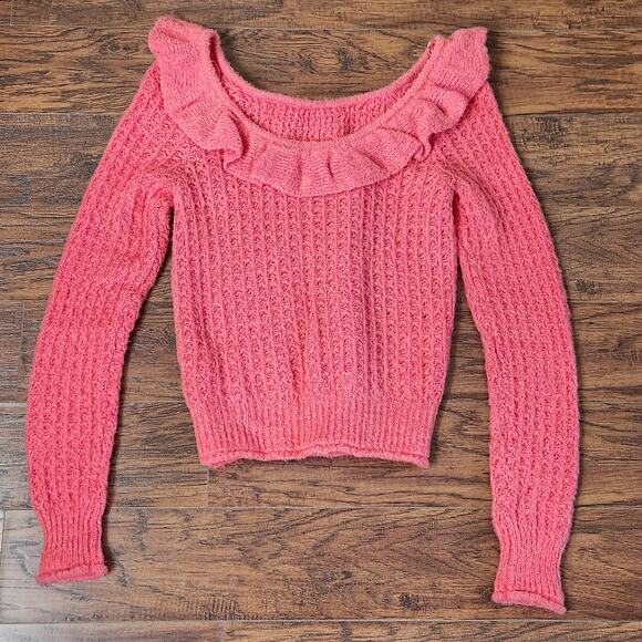 by Anthropologie Boatneck Ruffle Sweater Size S Pink Chunky Knit Retro 80s - Picture 3 of 8
